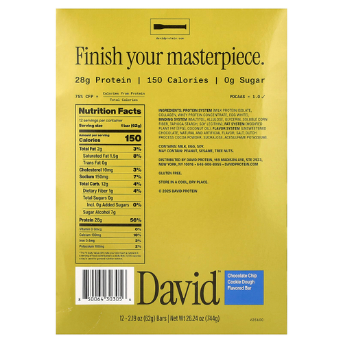 David Protein , Protein Bar, Chocolate Chip Cookie Dough, 12 Bars, 2.19 oz (62 g) Each