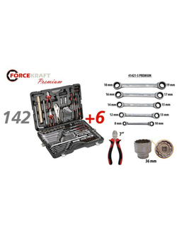 Набор инструментов 142+6пр. 1/4''3/8''1/2''(6-гран.)(4-36мм, 27,30,32,36-12гр.)+(ключи трещоточные:8х10,12х13,14х15,16х17,18х19мм, бокорезы-7'') FORCEKRAFT FK-41421-5 PREMIUM