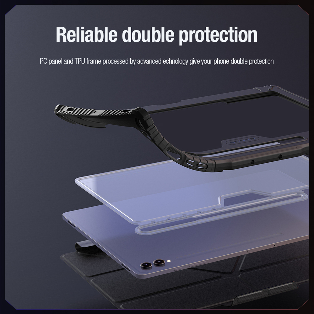 Чехол книжка синего цвета от Nillkin для планшета Samsung Galaxy Tab S9 Ultra и Tab S10 Ultra, серия Bumper Pro Case-Multi Angle Folding Style, с защитной шторкой для камеры
