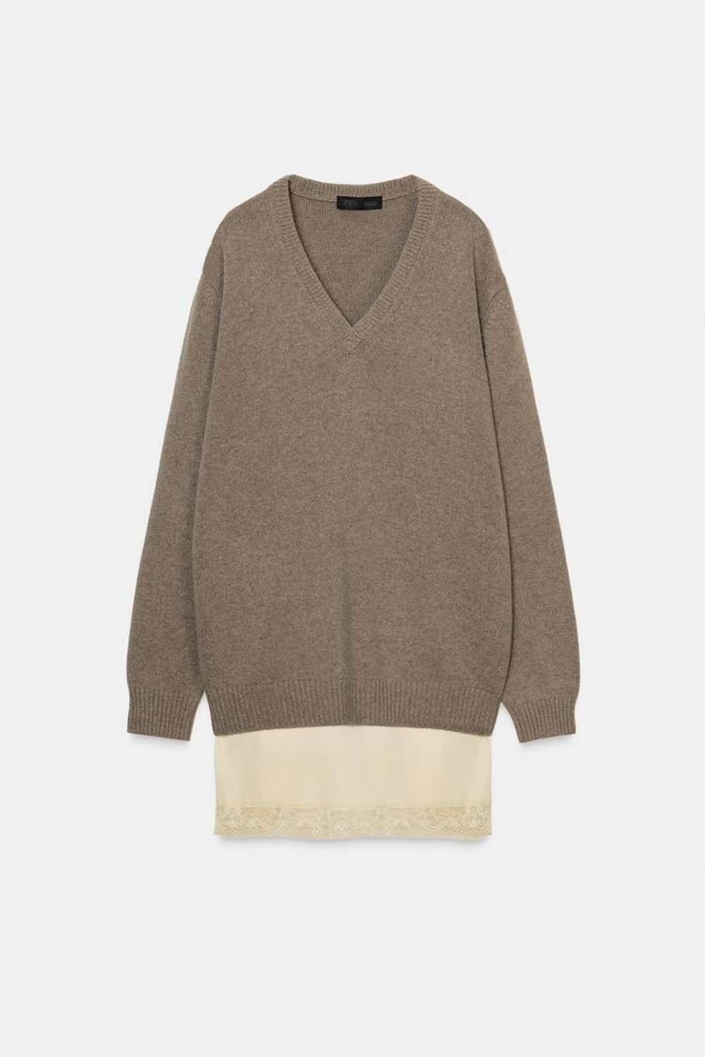 ZARA КОМБИНИРОВАННЫЙ СВИТЕР ИЗ ШЕРСТИ, СВЕТЛЫЙ СЕРО-КОРИЧНЕВЫЙ