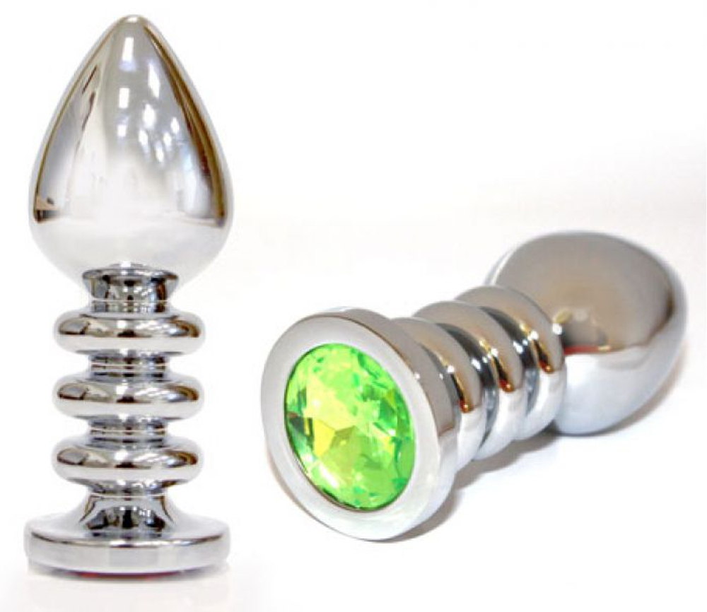 Большая серебристая анальная пробка с светло-зелёным кристаллом - 10 см. (Цвет: салатовый)