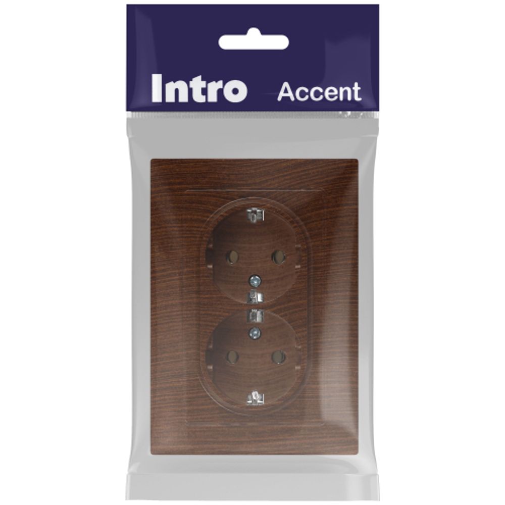 Розетка Intro Accent 6-205-10 двойная с заземлением 2X2P+E Schuko 16А-250В IP20 СУ AL/CU венге | Intro