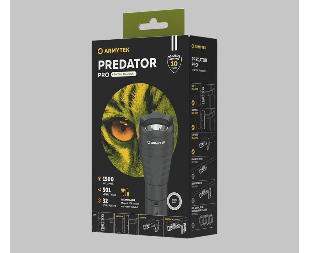 Фонарь подствольный Armytek Predator Pro Magnet USB XHP35 HI, 1500 lm, белый, до 501м, 1x18650, IP68, 136г