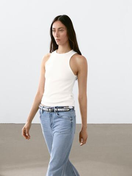 Massimo Dutti Топ из смесового хлопка с горловиной халтер, натуральный, кремовый