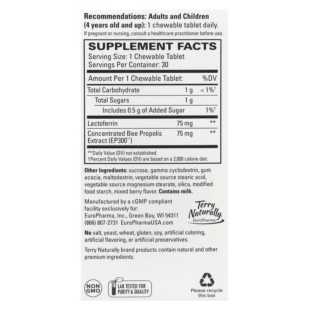 Terry Naturally, Лактоферрин с экстрактом прополиса, ягодное ассорти, 30 жевательных таблеток