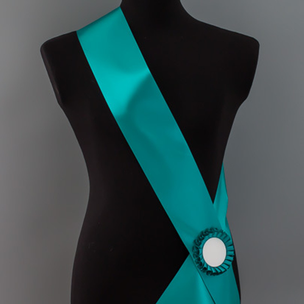 Лента наградная для конкурса красоты С НАНЕСЕНИЕМ. Цвет ленты БИРЮЗА. Крепление розетка с лого.