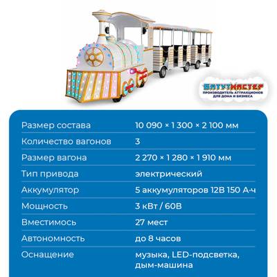 Детские аттракционы паровозик «Жемчужный экспресс», 3 вагона, 27 мест