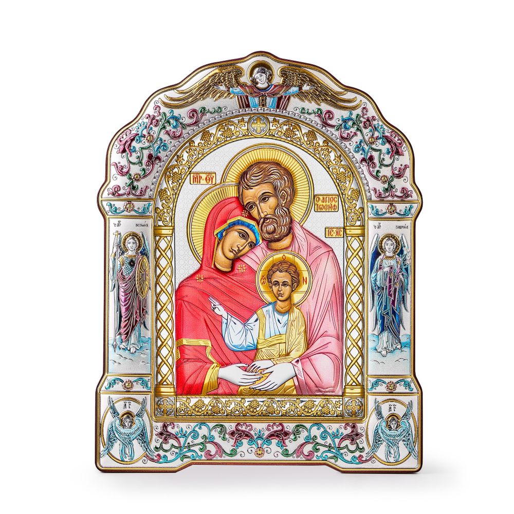Св. Семейство, икона арочная с рамкой под стеклом, красное дерево, эмаль 167х228