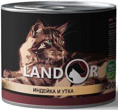 Влажный полнорационный корм LANDOR для взрослых кошек с индейкой и уткой, 200г ж/б