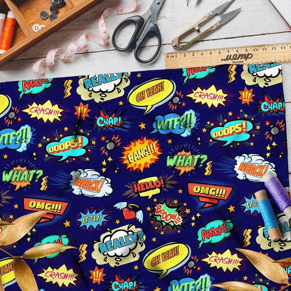 Ткань шифон мелкие звуки из комиксов на тёмно-синем фоне