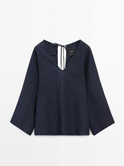 Massimo Dutti Льняная блуза в полоску с деталью на спине, темно-синий