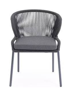"Милан" стул плетеный из роупа, каркас алюминий темно-серый (RAL7024) муар, роуп темно-серый круглый, ткань темно-серая 027