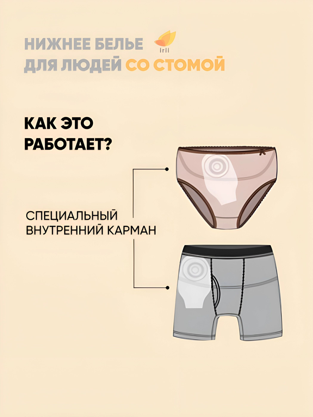 Irii Пояс для стомированных с карманом для мешочка калоприемника, бежевый, размер 5