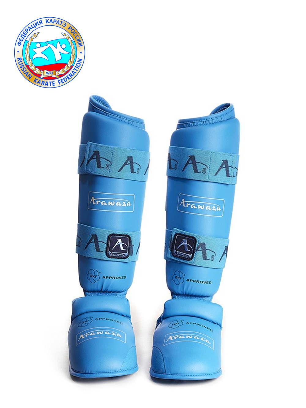 Защита голени и стопы для каратэ ARAWAZA синяя (одобрено для соревнований)