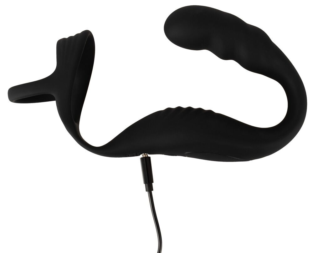 Черное эрекционное кольцо со стимуляцией промежности и анальной пробкой Cock Ring with RC Prostate Plug