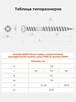 Саморез по дереву Gwozdeck для Террасной доски Потайной 5,0*60 Окрашенный Остроконечный Torx15 Упаковка 100 шт., подходит для ДЖЕТ 90