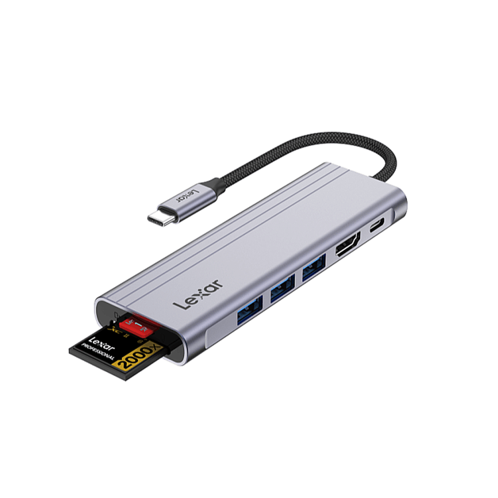 USB-Хаб Lexar H31 (USB-C) Подключение: встроенный кабель USB-C 3.2 Gen 1 с оплёткой. Порты: USB-C (PD 100 Вт), 3 USB-A 3.2 Gen 1, microSD UHS-I, SD UHS-I, HDMI (до 4K 60 Гц)