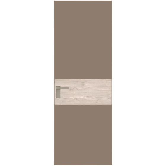 Алюминиевая дверь 5AGК кромка никель матовый стекло монохром капучино вставка дуб сонома