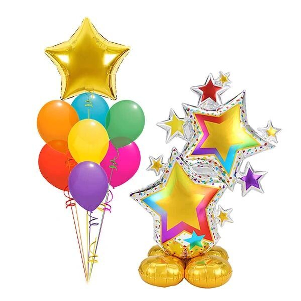 Композиция из разноцветных шаров и большой золотой звездой