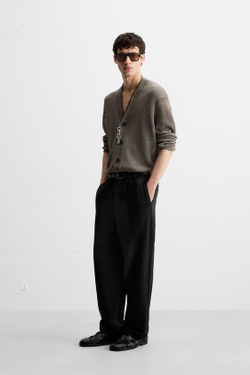 ZARA БРЮКИ REGULAR FIT ИЗ ТКАНИ С ТЕКСТУРОЙ, ЧЕРНЫЙ