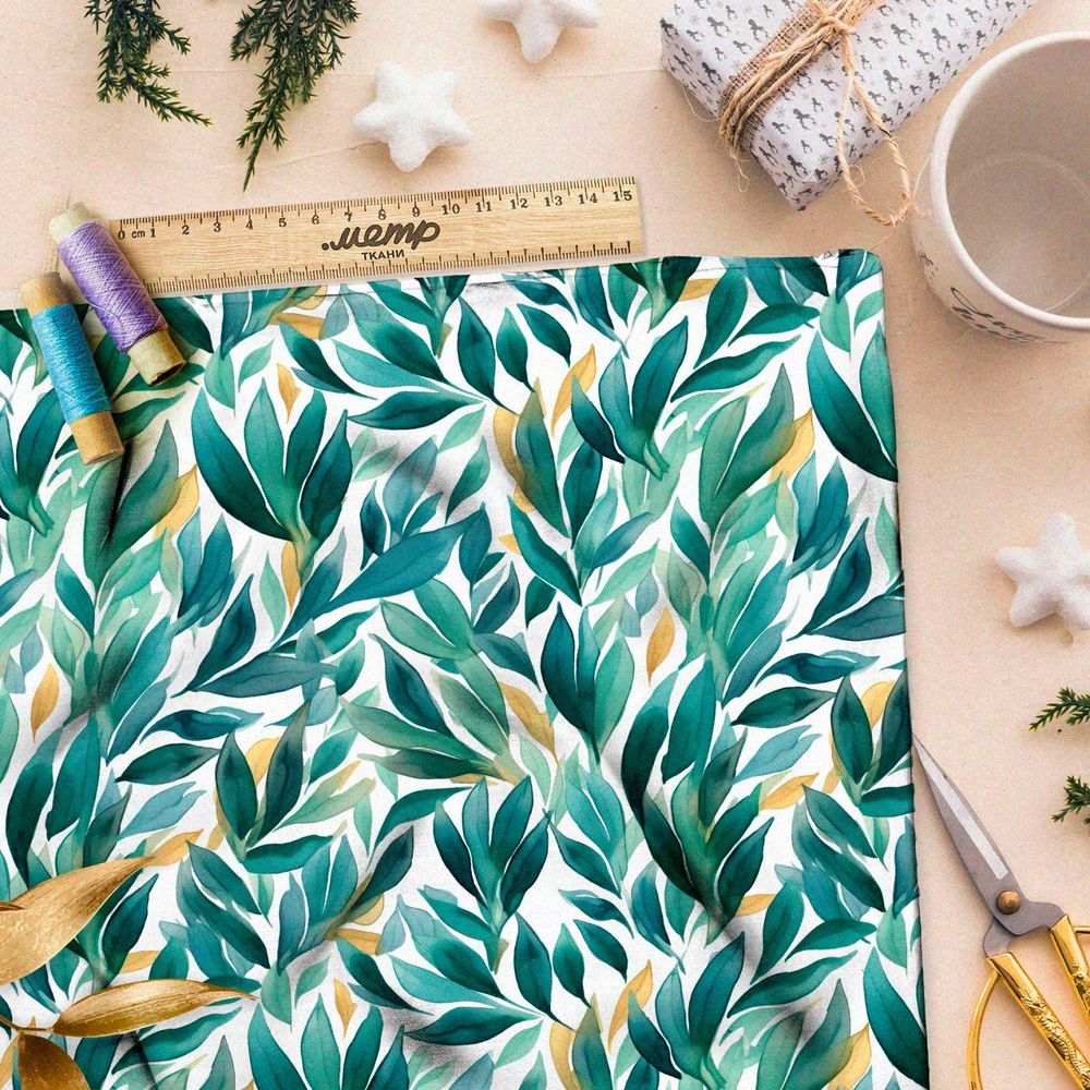 Ткань премиум шелк искусственный Армани зеленые акварельные листья