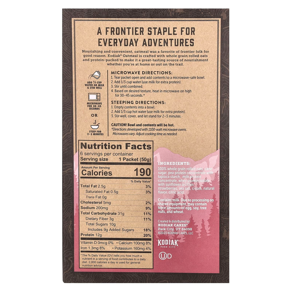 Kodiak Cakes, Овсянка с протеином, клубника и сливки, 6 пакетиков по 50 г (1,76 унции)