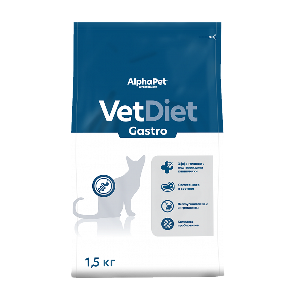 Сухой диетический корм AlphaPet VetDiet GASTRO для взрослых кошек и котов при острых расстройствах пищеварения, в реабилитационный период и при истощении