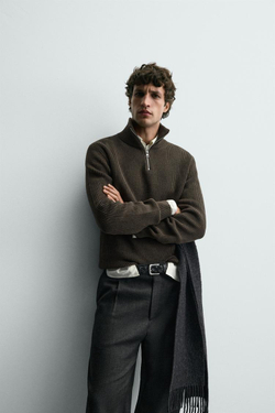 ZARA ДЖЕМПЕР ИЗ ЖЕМЧУЖНОЙ ВЯЗКИ С ВОРОТНИКОМ НА МОЛНИИ, ШОКОЛАДНЫЙ