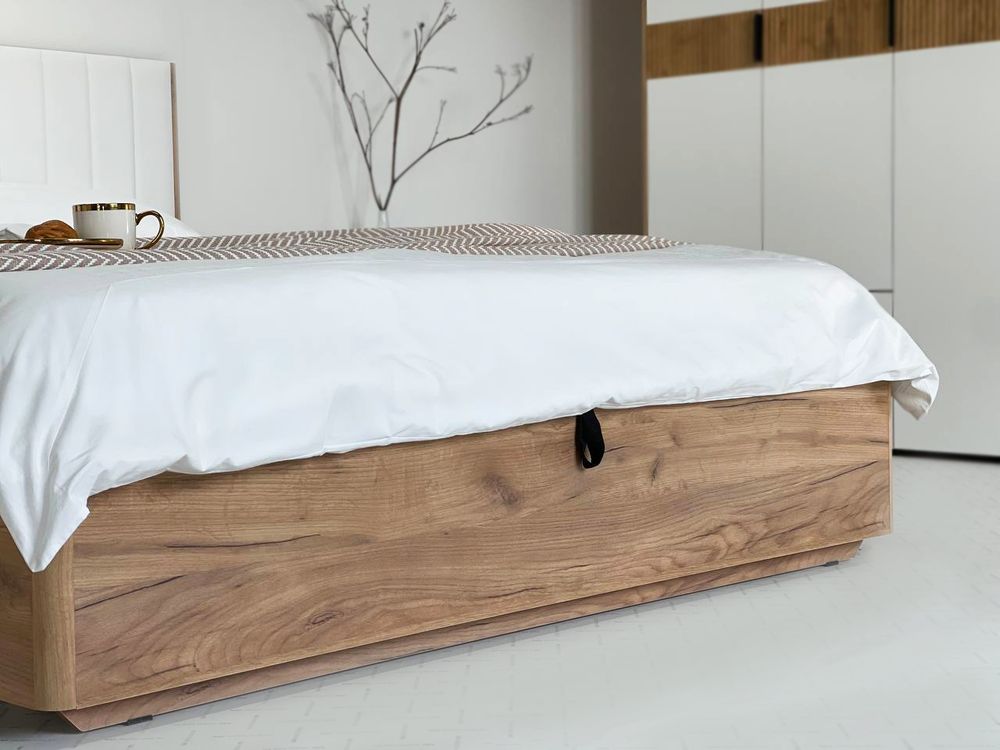 Кровать Адам с подъемным механиз (Дуб крафт золотой/Белоснежный) экокож