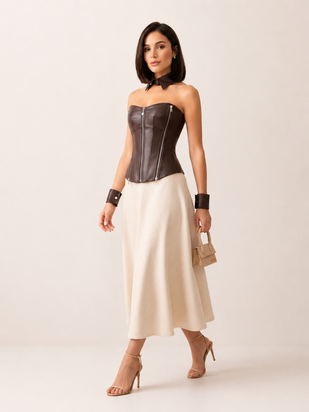 Комплект из экокожи: корсет-жилет, воротник и манжеты шоколадный