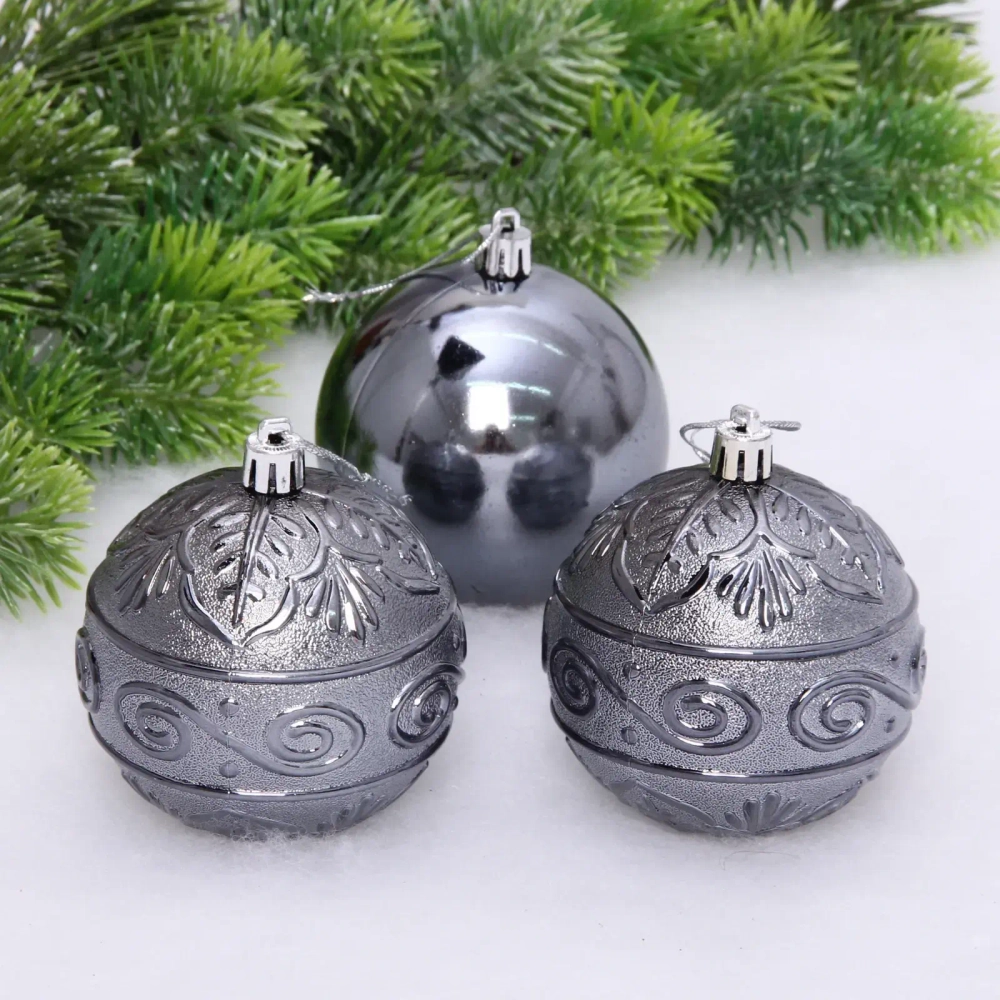 Новогодние шары 8 см (набор 3 шт) «Микс фактур», графит