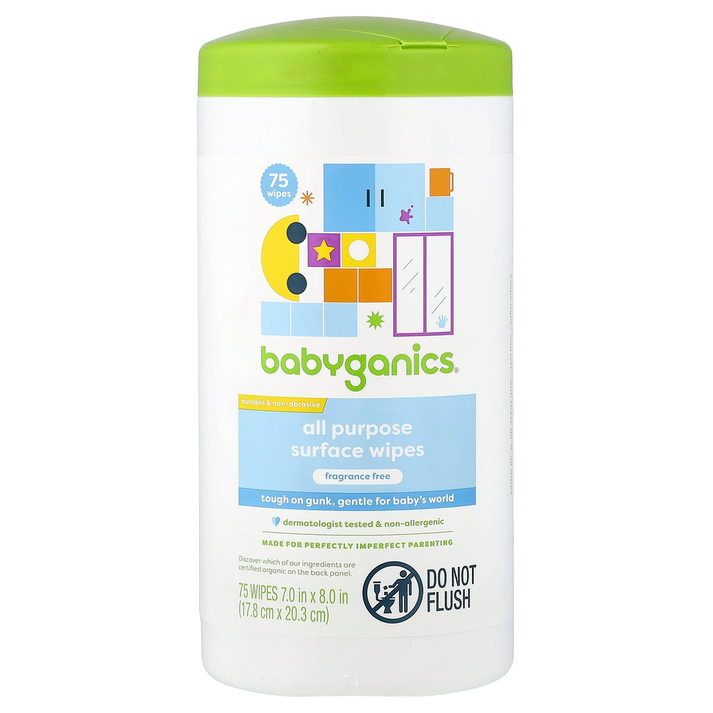 Babyganics, Универсальные салфетки для поверхностей, без отдушек, 75 увлажненных салфеток