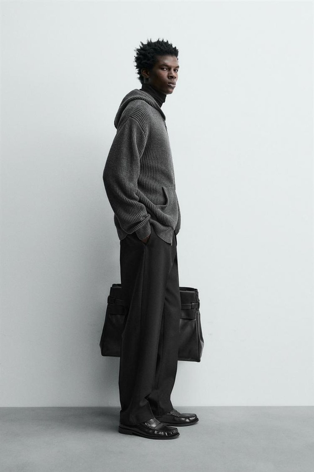 ZARA КАРДИГАН ИЗ ХЛОПКА И ШЕРСТИ С КАПЮШОНОМ, СЕРЫЙ МЕЛАНЖ