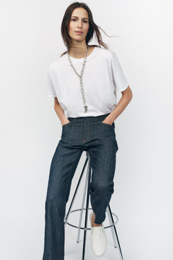 ZARA УКОРОЧЕННЫЕ ДЖИНСЫ С ВЫСОКОЙ ПОСАДКОЙ, СИНИЙ