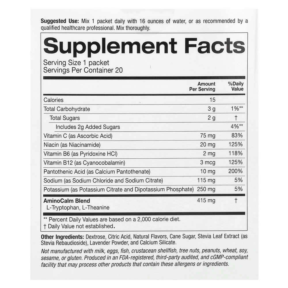 Lake Avenue Nutrition, Calm, успокаивающая порошковая смесь для приготовления напитков с калием и смесью AminoCalm, L-триптофаном и L-теанином, голубика и лаванда, 20 пакетиков по 5,5 г (0,19 унции)