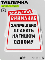 Табличка для бассейна "Внимание, запрещено плавать нагишом одному", на пляж, для общественной и частной зоны отдыха, информационная, 40х30 см, Silver Plane x Айдентика Технолоджи