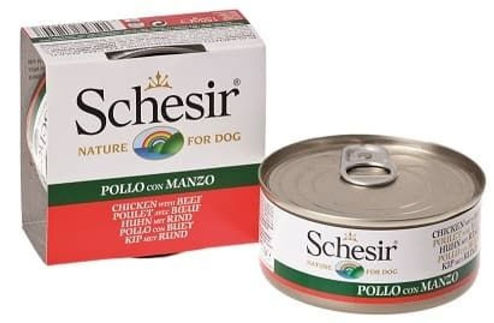 Schesir консервы для собак ФИЛЕ ЦЫПЛЕНКА+ГОВЯДИНА 150гр