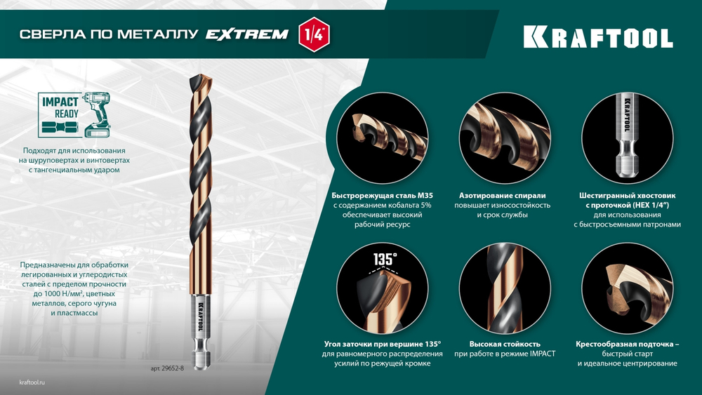 KRAFTOOL НЕХ-1/4″, d 3.2 х 75 мм, сверло по металлу для винтовёртов и шуруповертов IMPACT READY (29652-3.2)