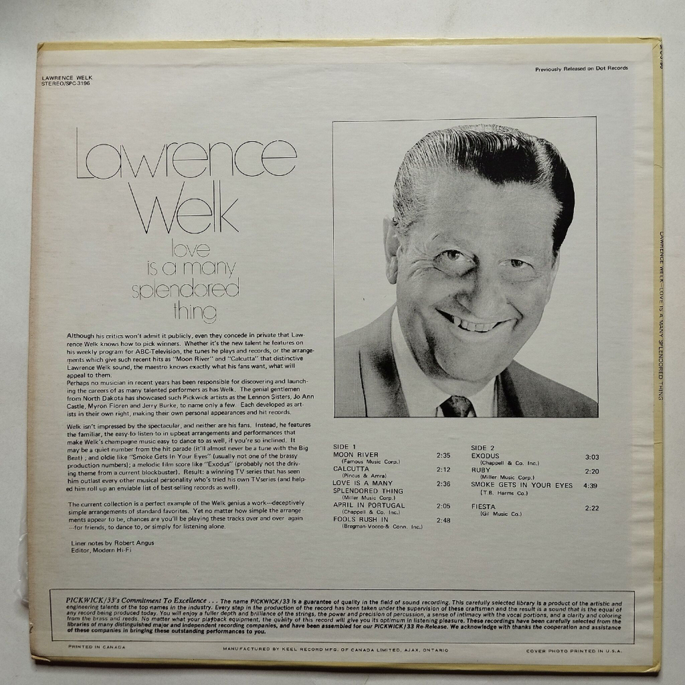 Винтажная виниловая пластинка LP Lawrence Welk Love Is A Many Splendored Thing (Canada 1972)