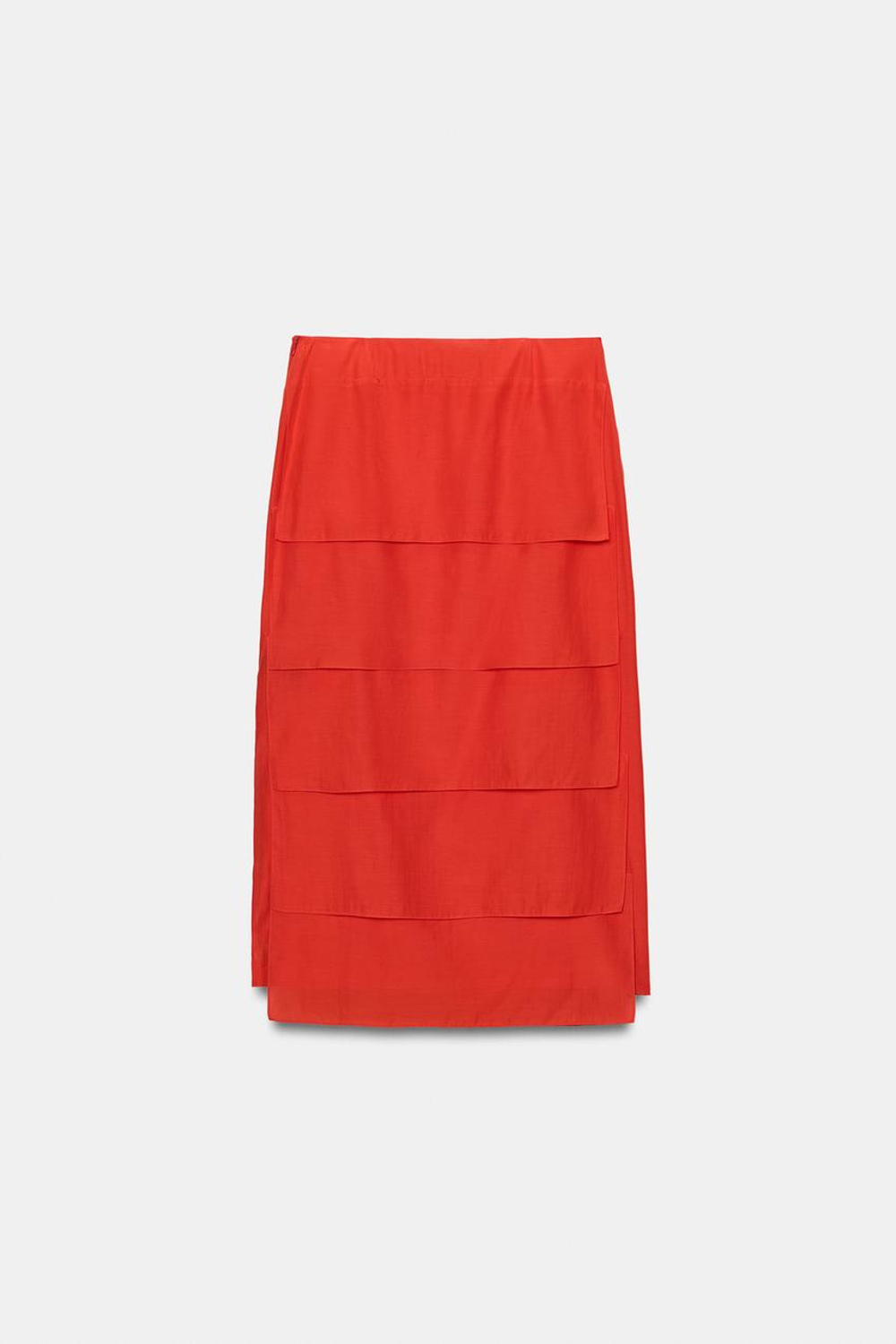 ZARA ЮБКА МИДИ С ВОЛАНАМИ — ZW COLLECTION, ЯРКИЙ КРАСНЫЙ