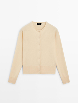 Massimo Dutti Кардиган из шерстяного трикотажа с круглым вырезом, ванильный