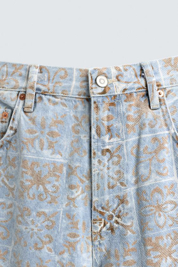 ZARA ДЖИНСЫ RELAXED FIT С ГЕОМЕТРИЧЕСКИМ ПРИНТОМ, ГОЛУБОЙ
