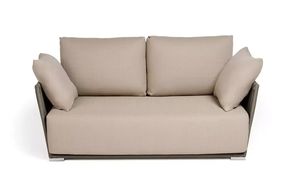 "Форли" диван 2-местный плетеный из роупа, каркас алюминий светло-серый (RAL7035) муар, роуп серо-коричневый 23мм, ткань Mossle бежевая