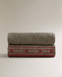 ZARA HOME ЛЬНЯНОЙ ПЛЕД С БАХРОМОЙ, СВЕТЛО-БЕЖЕВЫЙ