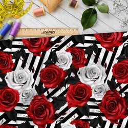 Ткань премиум бифлекс розы на полосатом фоне
