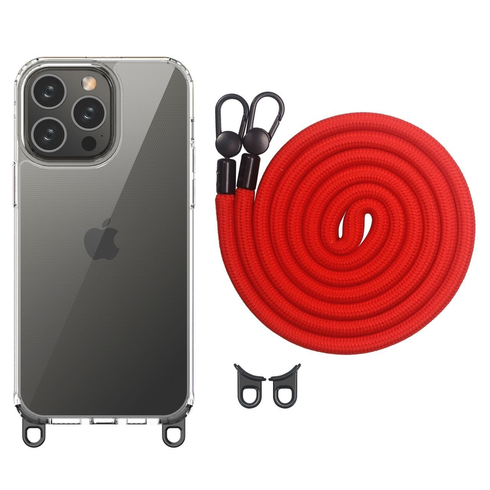 Усиленный чехол с толстым шнурком на шею красного цвета для смартфона iPhone 14 Pro