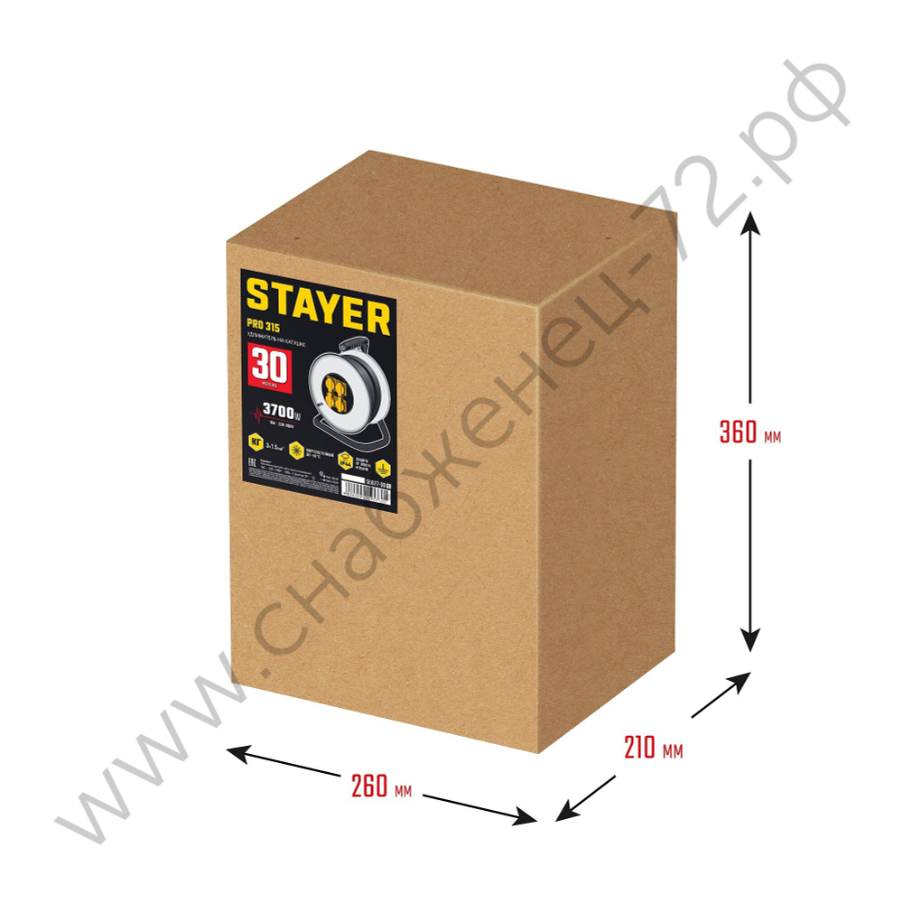 STAYER PRO 315 КГ 3х1.5 30м 3700Вт IP44, Силовой удлинитель на стальной катушке (55077-30)