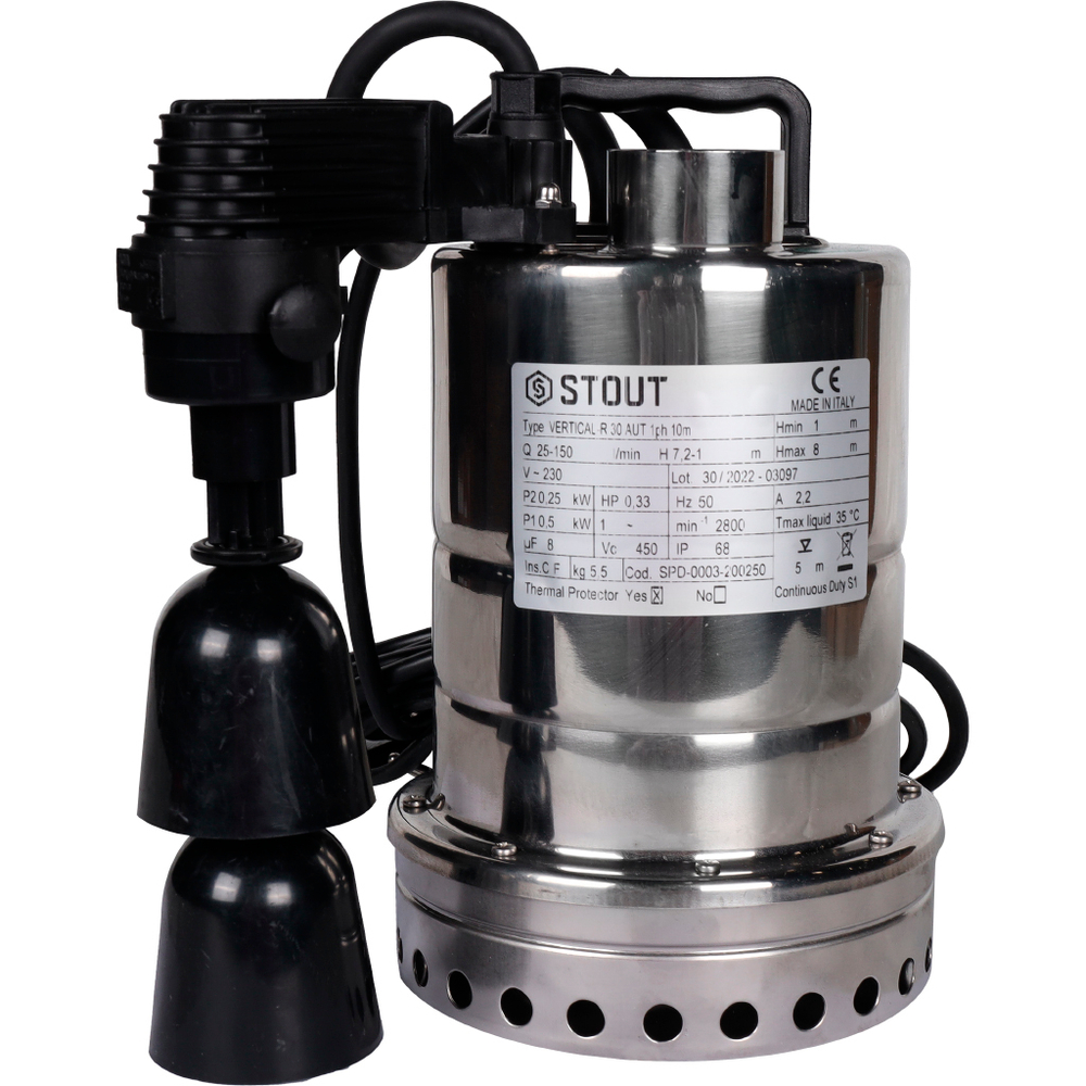 Насос дренажный Stout SPD-0003-200450 (напор 10 м), с вертикальным поплавком