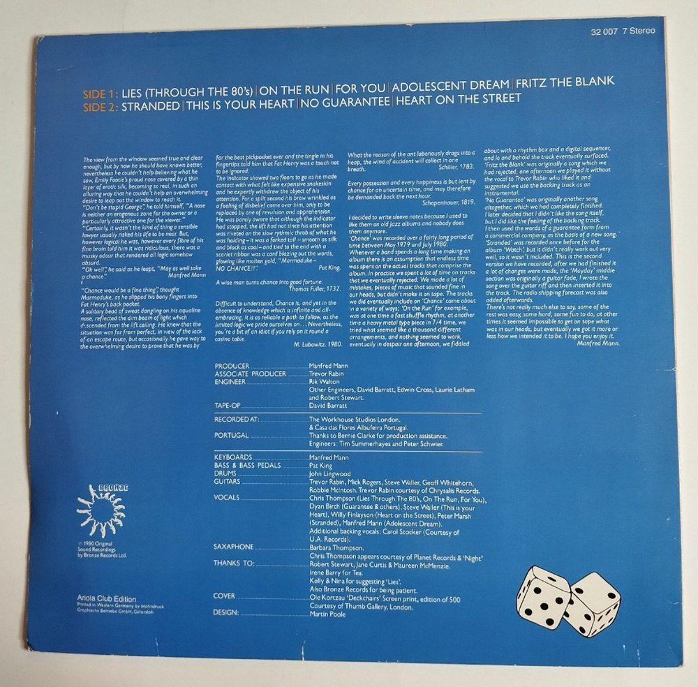 Винтажная виниловая пластинка LP Manfred Mann Earth Band Chance (Germany 1980) (Club Edition)