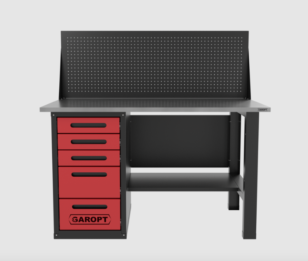 Верстак однотумбовый 5 ящиков с экраном красный 1400*700 Garopt, GT1400STY5PP.red